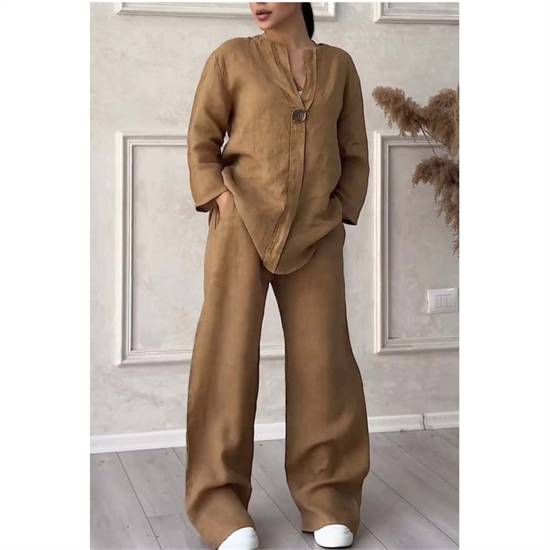 Women's Solid Color Short Sleeve Shirt and Long Pants Set Casual Two-Piece Outfit