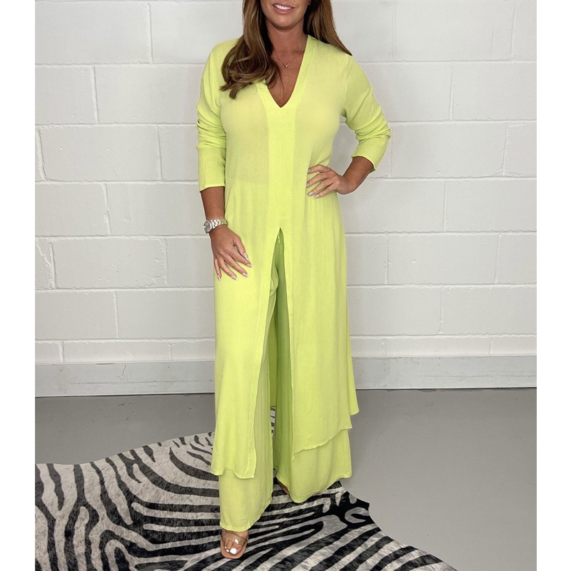 Solid Color Split Long Sleeve Top and Pants Set