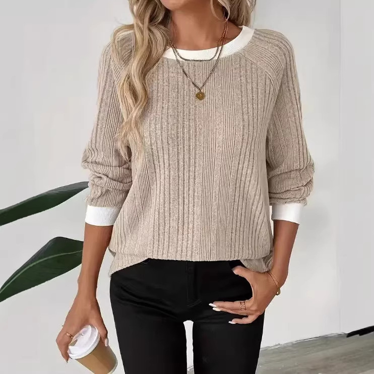Women's Crewneck Long Sleeve Ribbed Knit Sweater Solid Color