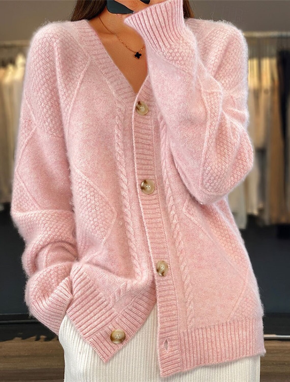 Solid V-Neck Button-Front Knit Cardigan Long Sleeve Women's