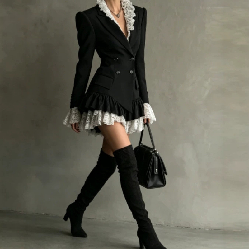 Women's Color-Block Long-Sleeve A-Line Dress with Suit Collar