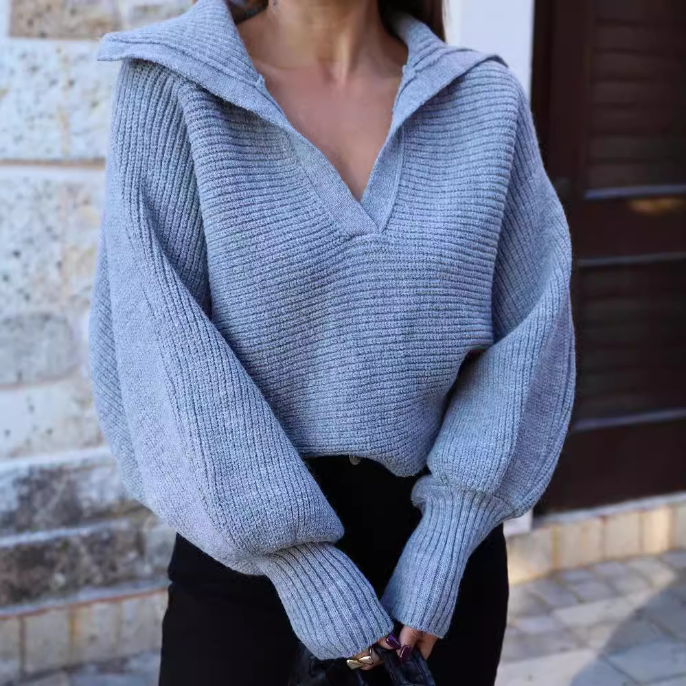 Women's Loose Lantern Sleeve Open Collar Pullover Cropped Sweater