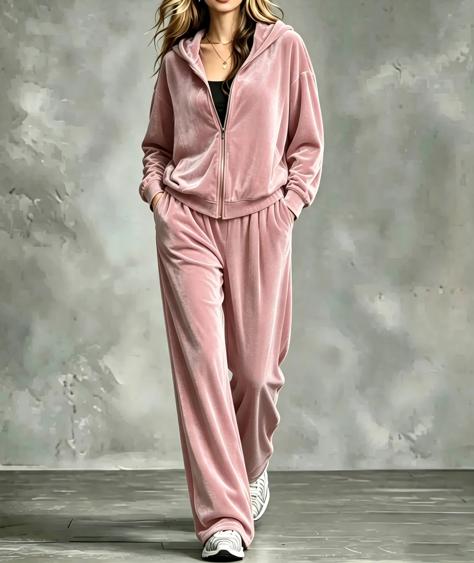 Women's Solid Zip-Up Hooded Two-Piece Sweatsuit Set