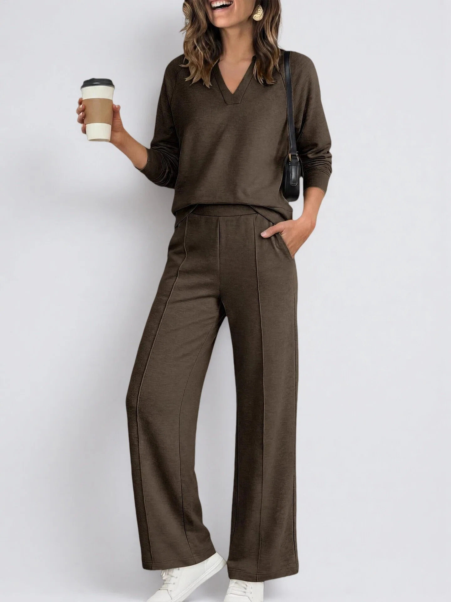Women's Solid V-Neck Long-Sleeve Sweatshirt and Pants Set
