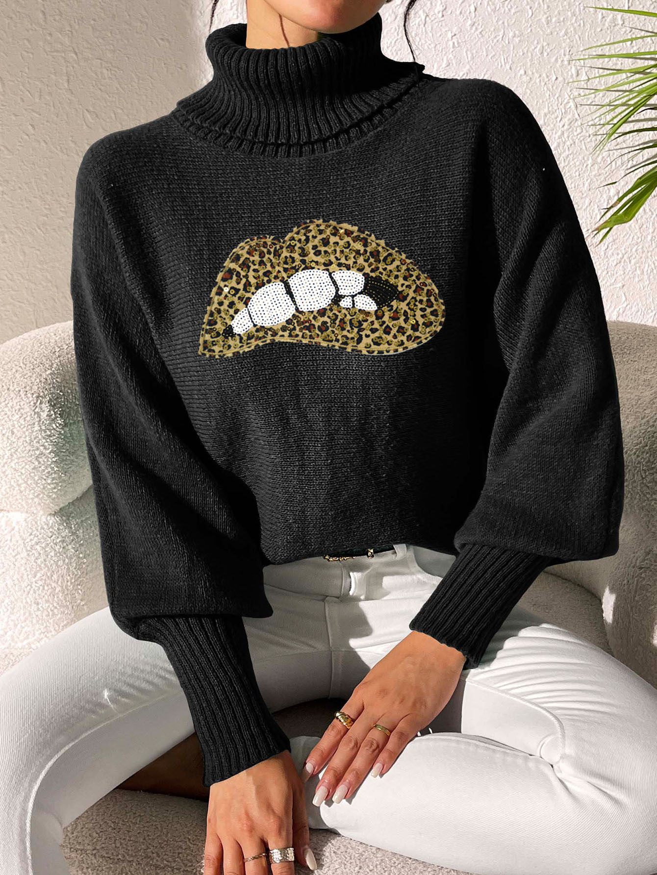 Women's Sequin Embroidered Cartoon Lips Turtleneck Pullover Sweater
