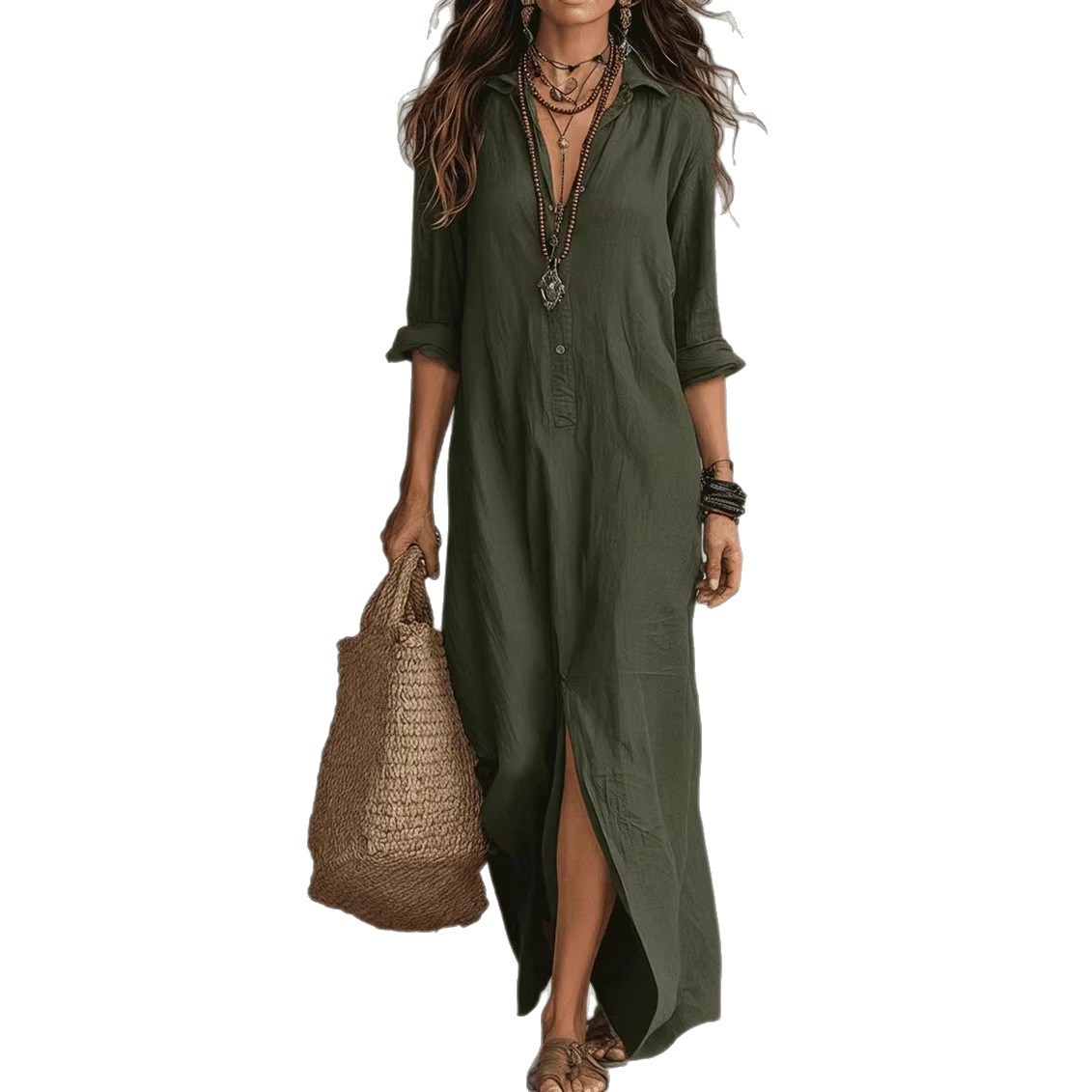 V-Neck Linen-Blend Cardigan Dress with Slit