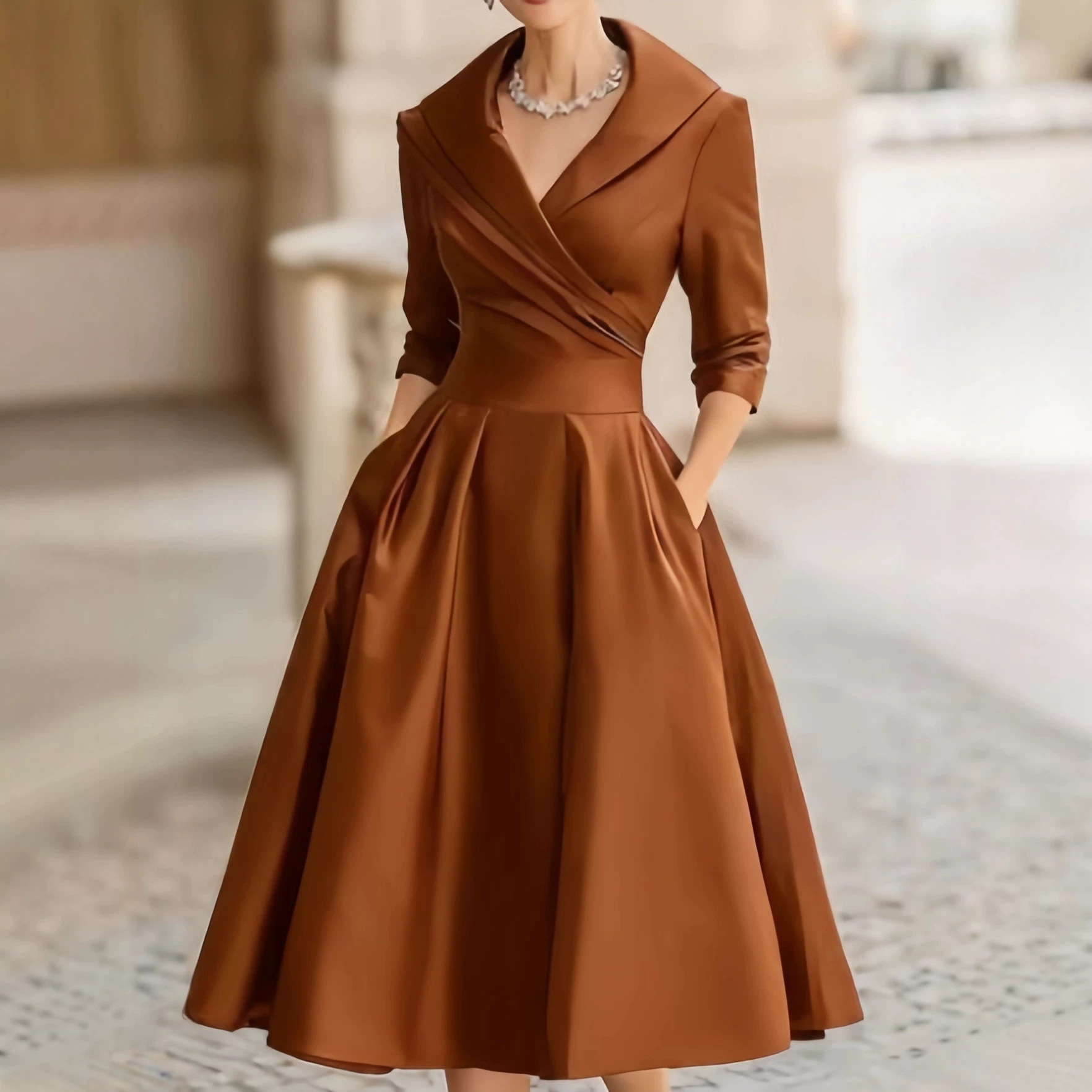 Women's Elegant Waist-Cinching Midi Dress