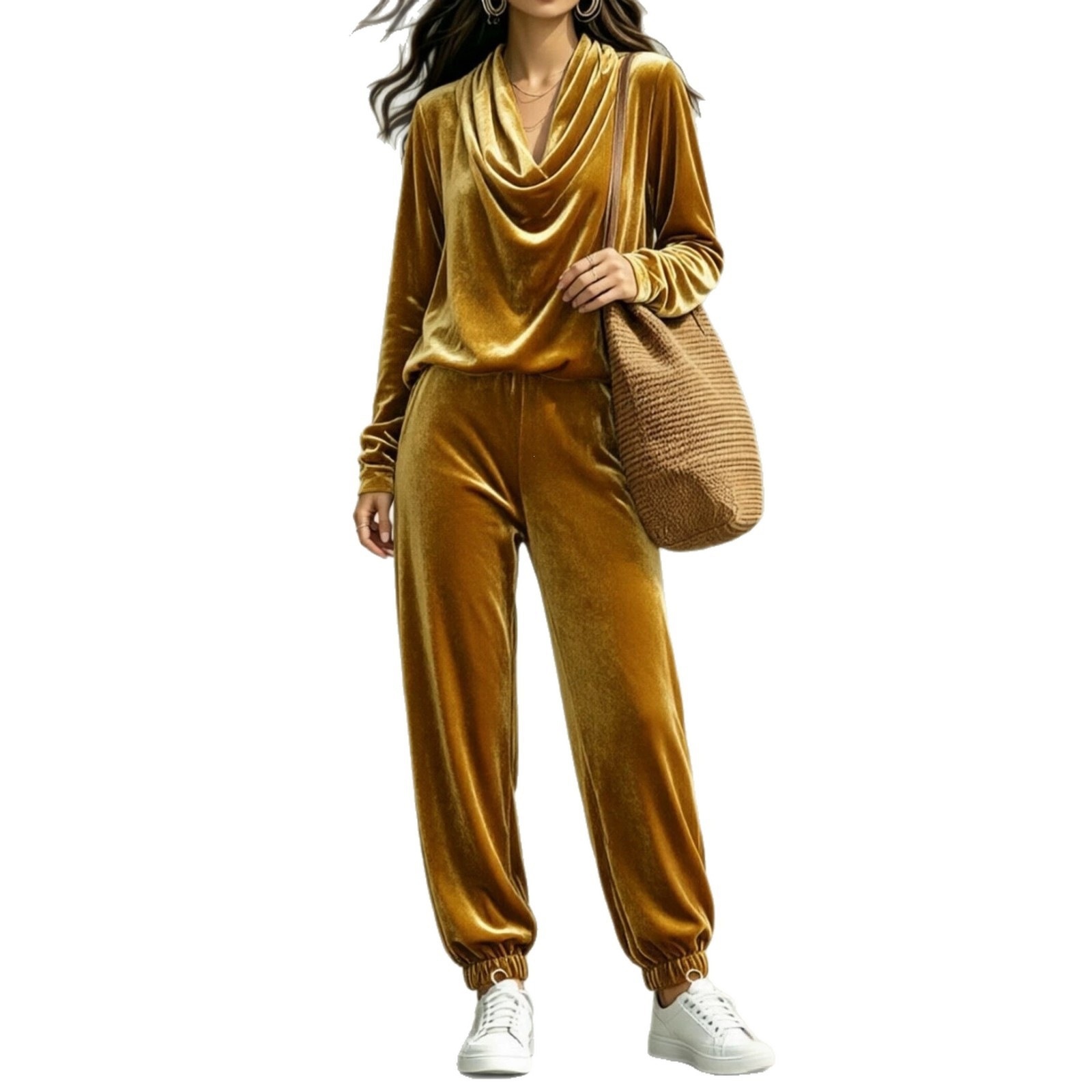 Women's Casual Cowl Neck Long Sleeve Top and Jogger Pants Set