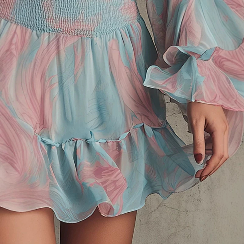 Elegant Vintage Pink Feather Blue V-Neck Ruffle Mini Dress