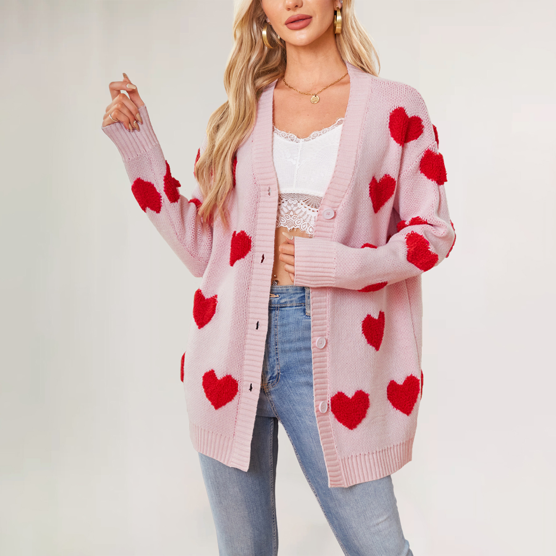 Heart Jacquard Knit Midi Cardigan V-Neck Button-Up Women's