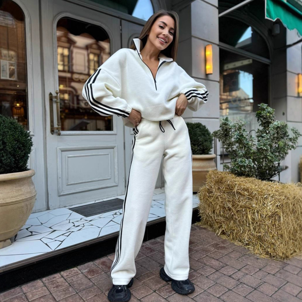 Women's Solid Color Long Sleeve Zip Loose Top and Tie-Waist Pants Two-Piece Set