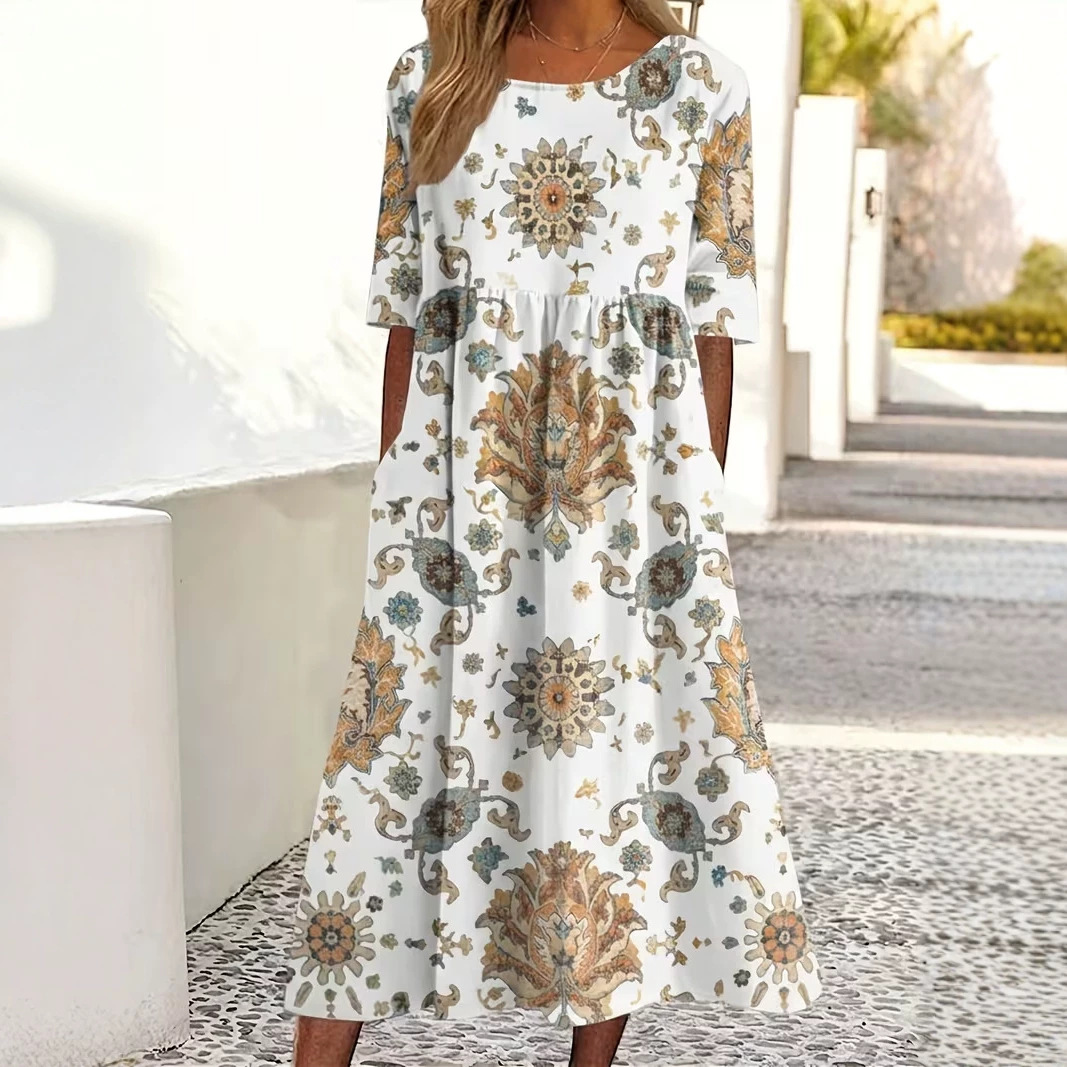 Women's Vintage Floral A-Line Midi Dress