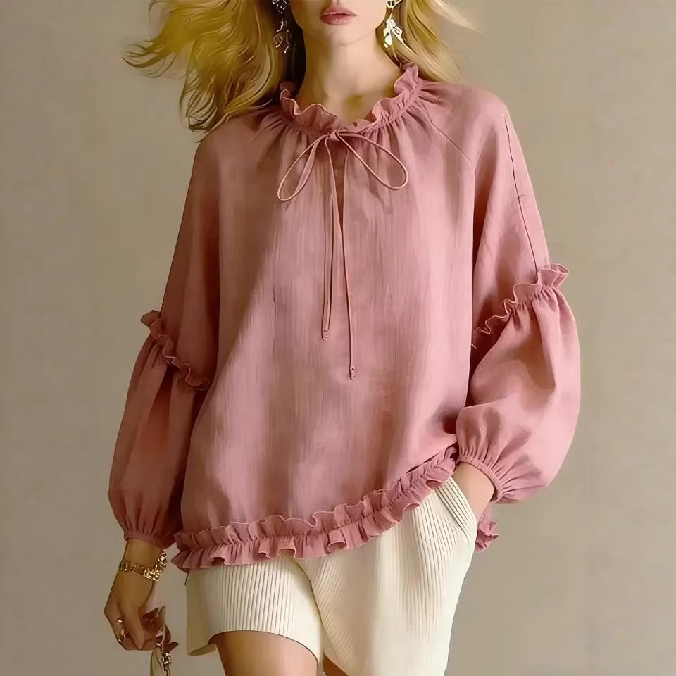 Women's Casual Crewneck Long Sleeve Crinkled Loose Top