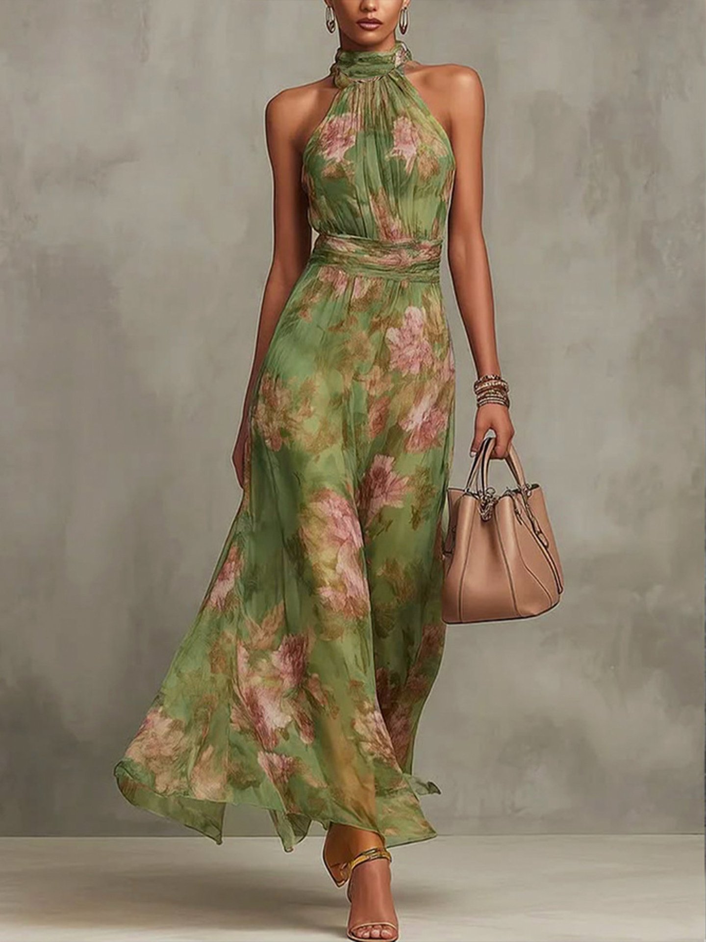 Elegant Floral Halter Midi Dress Sleeveless A-Line