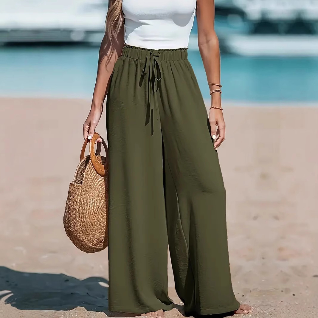 Women's Wide-Leg Polyester Casual Solid Color Long Pants