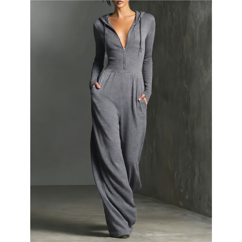 Women's Hooded Zip Wide-Leg Jumpsuit Long Sleeve Slim Fit Stretchy