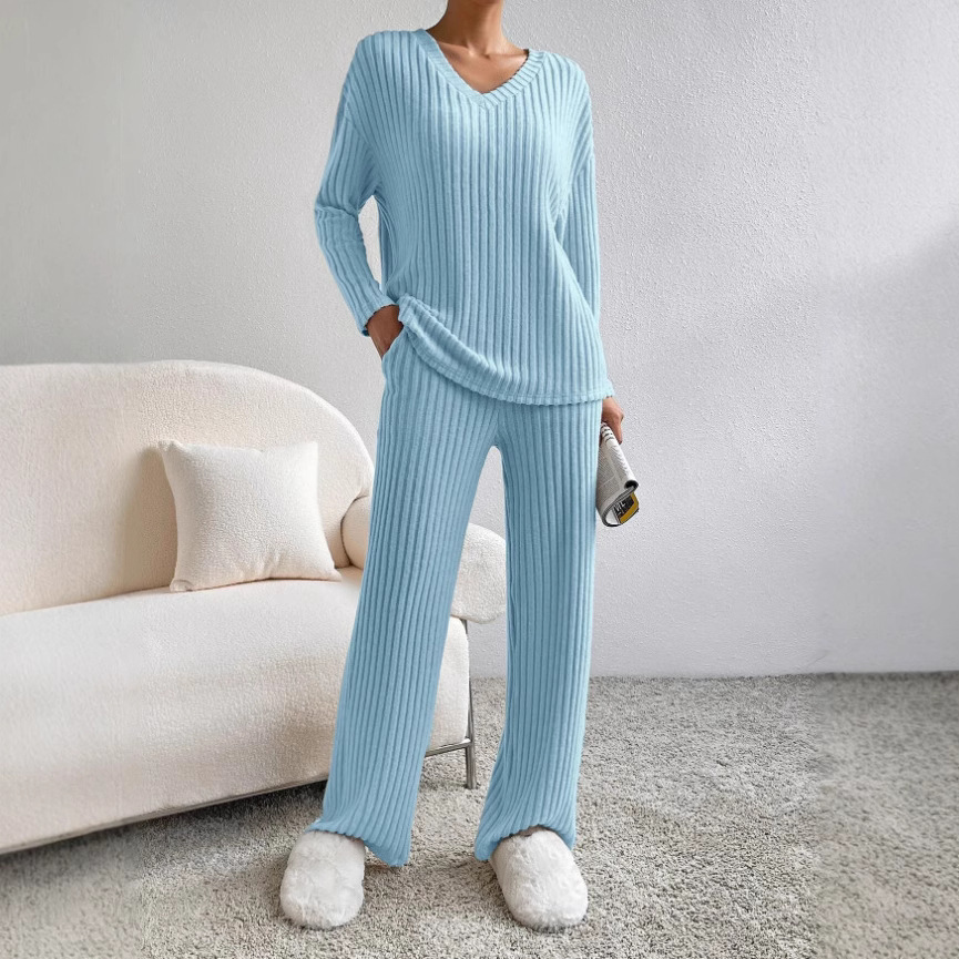 Women's Casual Straight-Leg Ribbed V-Neck Pant Set