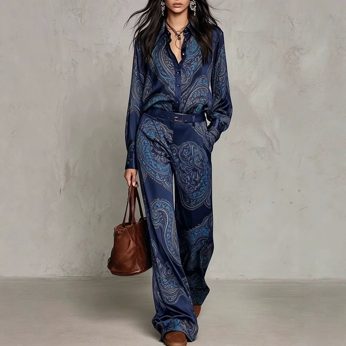 Paisley Print Long-Sleeve Shirt and Wide-Leg Pants Set