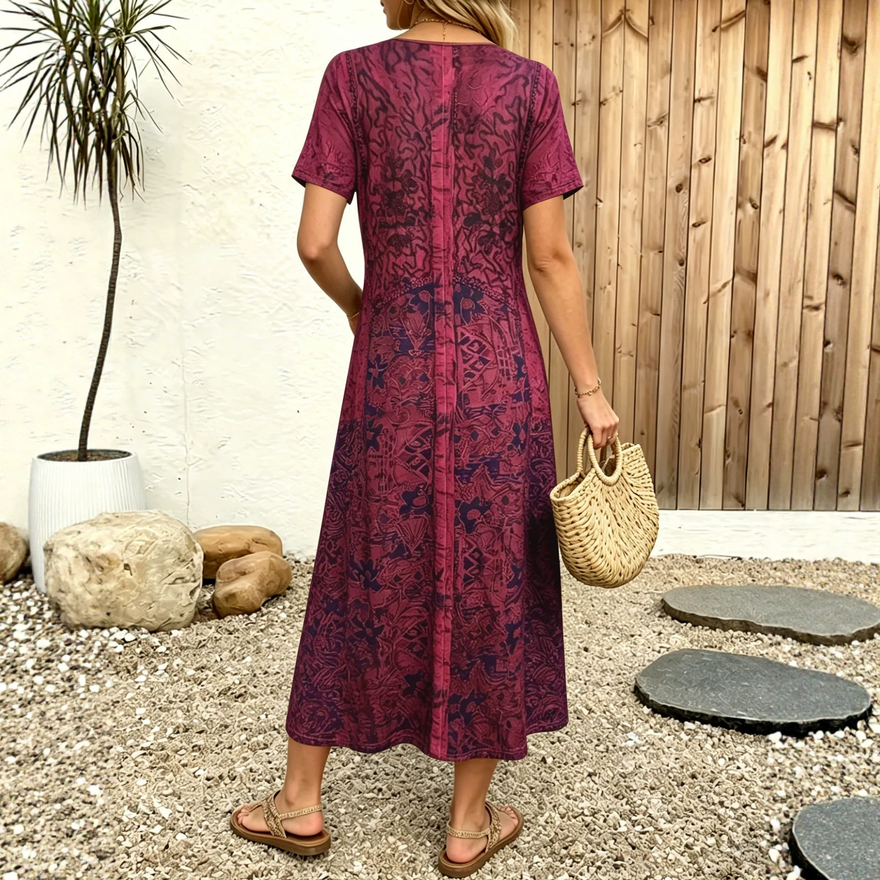 Bohemian Geometric Print V-Neck Button A-Line Midi Dress