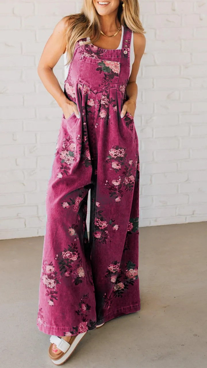 Floral Print Denim Sleeveless Jumpsuit with Pockets