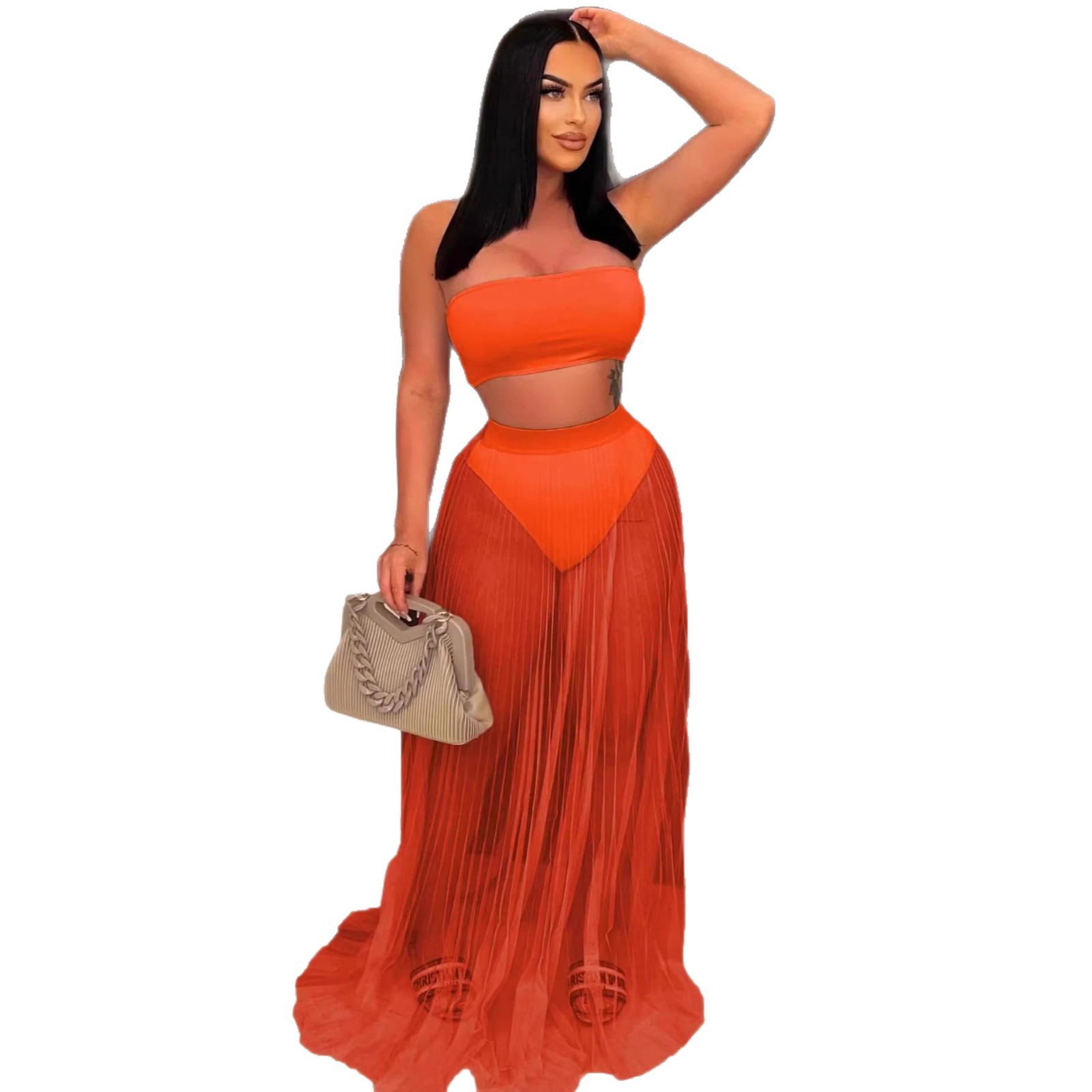 Women's Sheer Mesh Pleated Long Dress Bandeau Removable Pads 3-Piece Swimwear Set