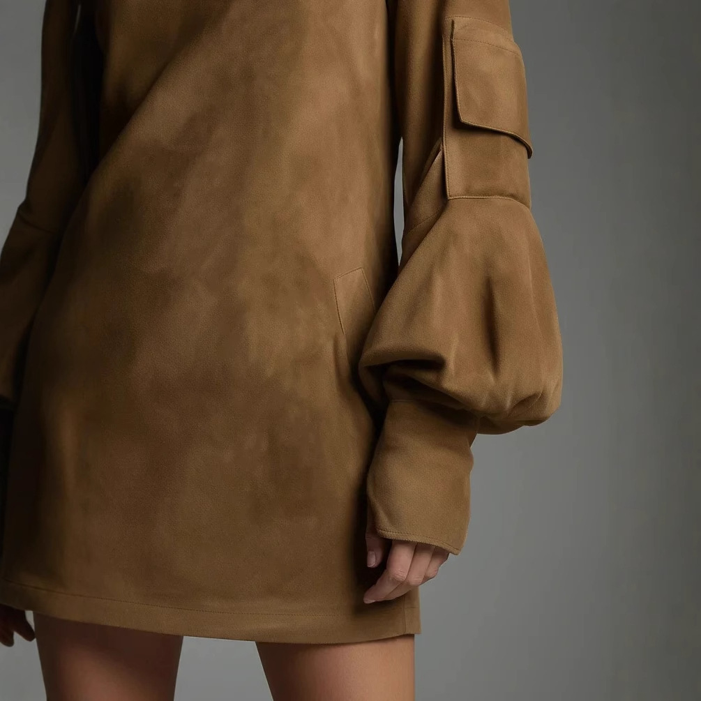 Faux Suede High Neck Long Sleeve Mini Dress with Pockets