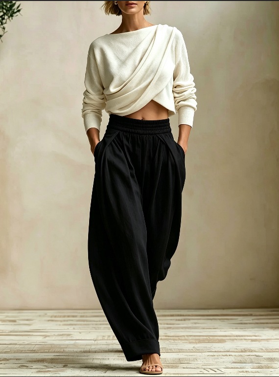 Women's Two-Piece Set: Pleated Crewneck Top & Elastic Waist Harem Pants