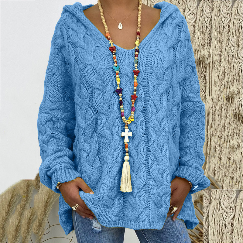 Women's Cable-Knit Hooded Sweater, Pure Color Pullover