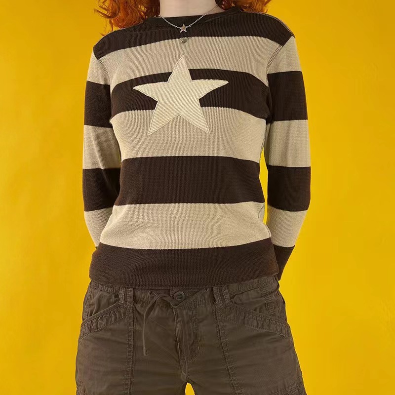 Star Striped Color-Block Crewneck Pullover Sweater