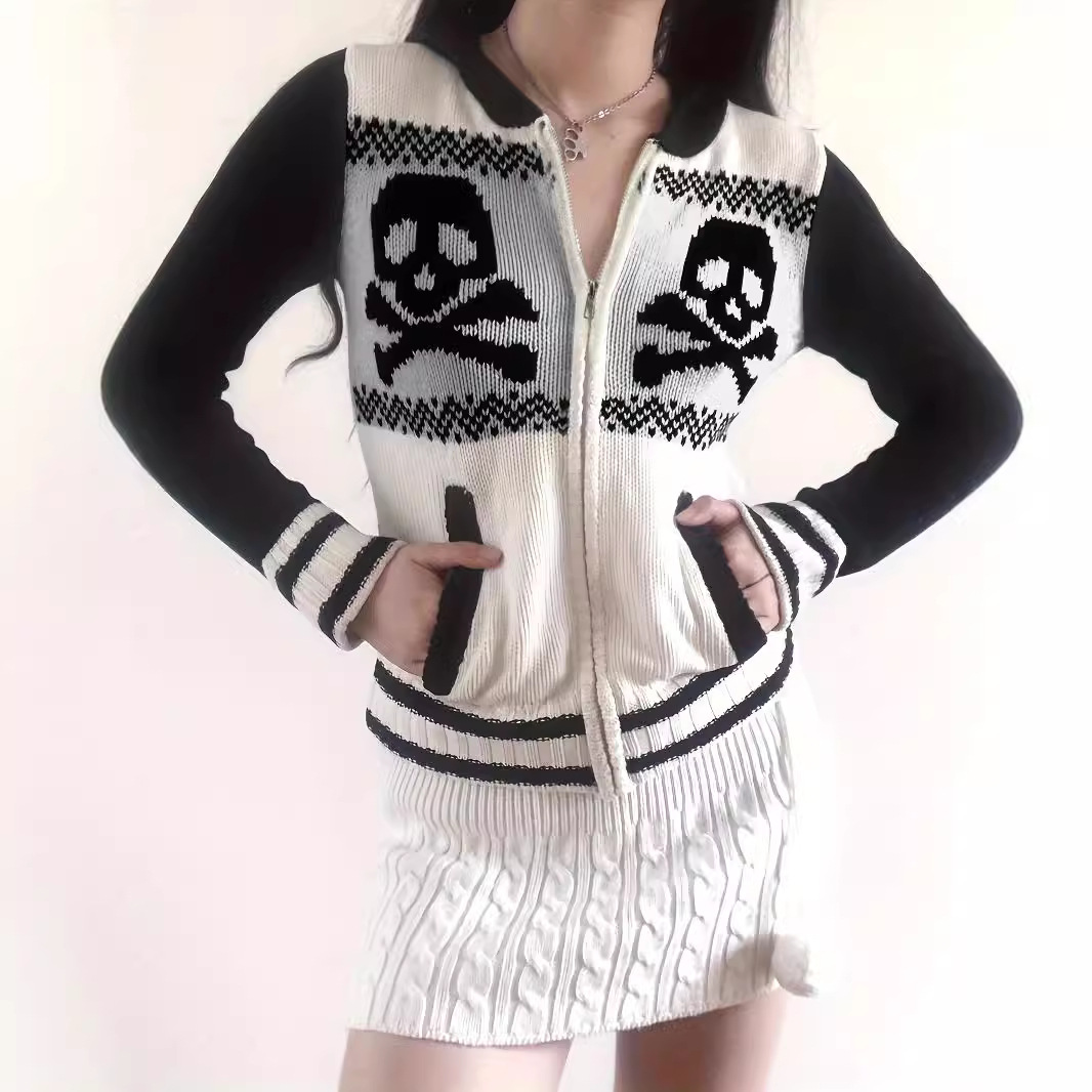 Skull Print Hooded Cardigan Sweater
