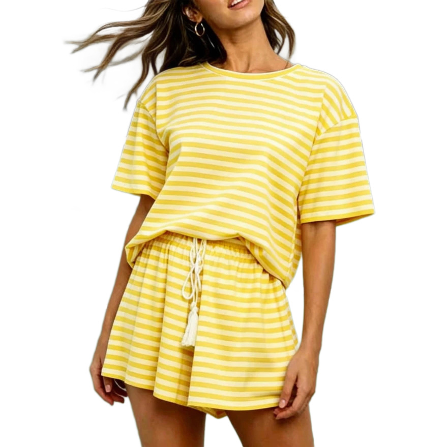 Women's Color-Block Striped Short Sleeve Shorts Lounge Set