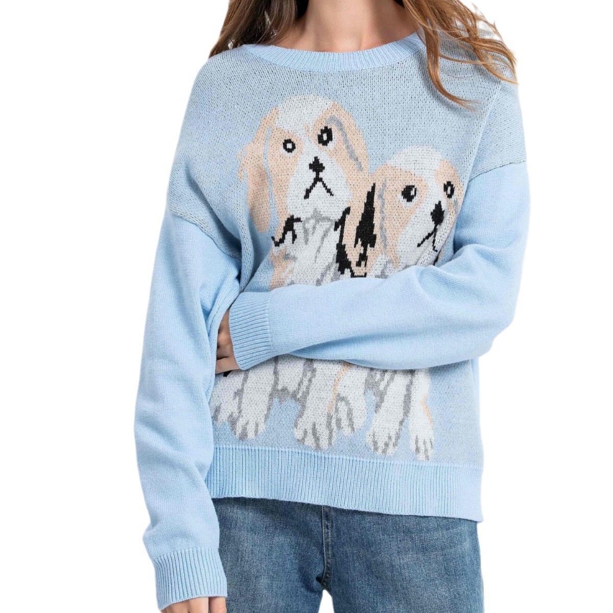 Women's Thick Knit Crewneck Pullover Sweater with Dog Print