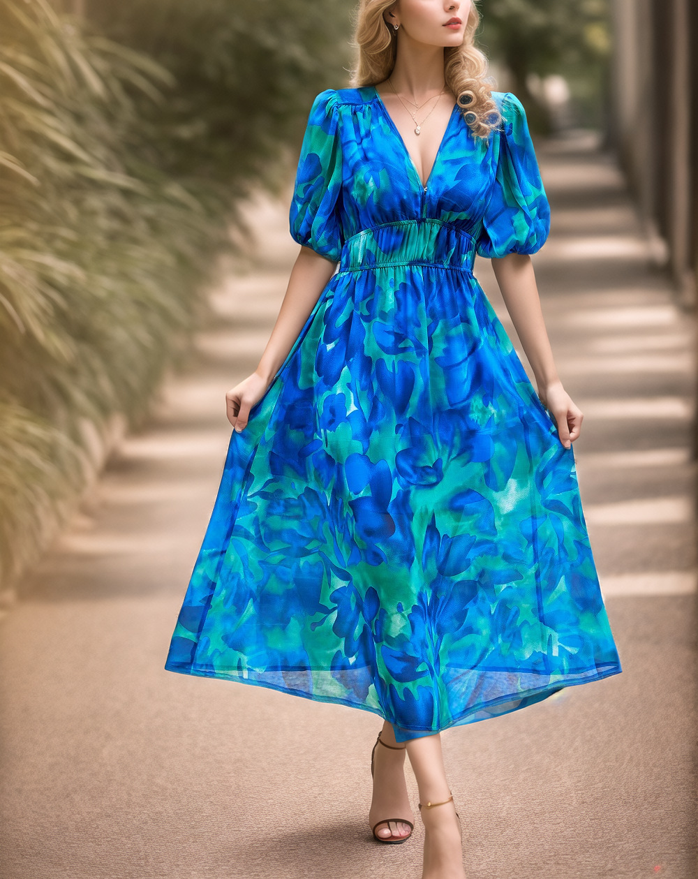 V-Neck Floral Print High-Waist A-Line Midi Dress