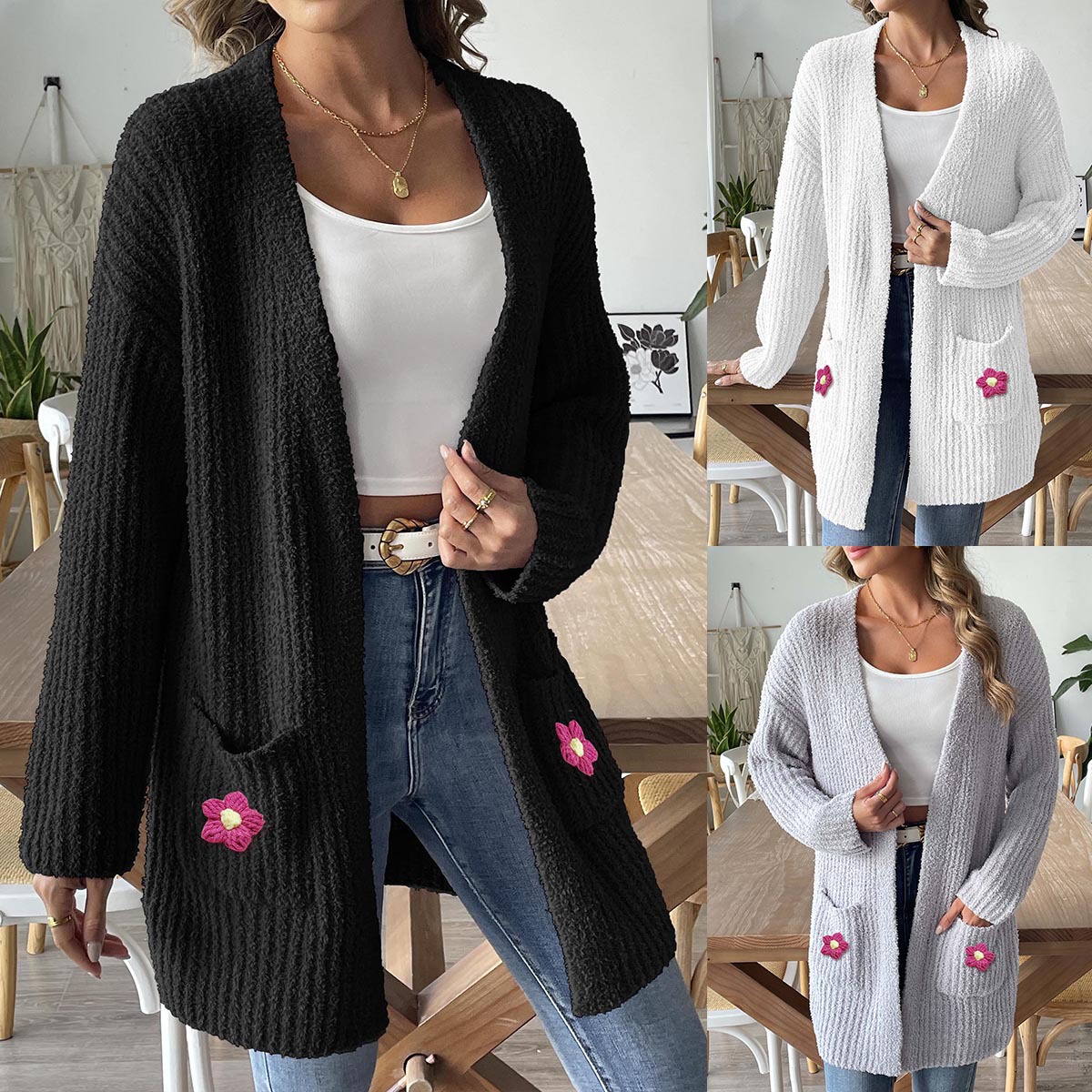 Women's Knit Cardigan with Hand-Crochet Floral Appliqué and Dual Pockets