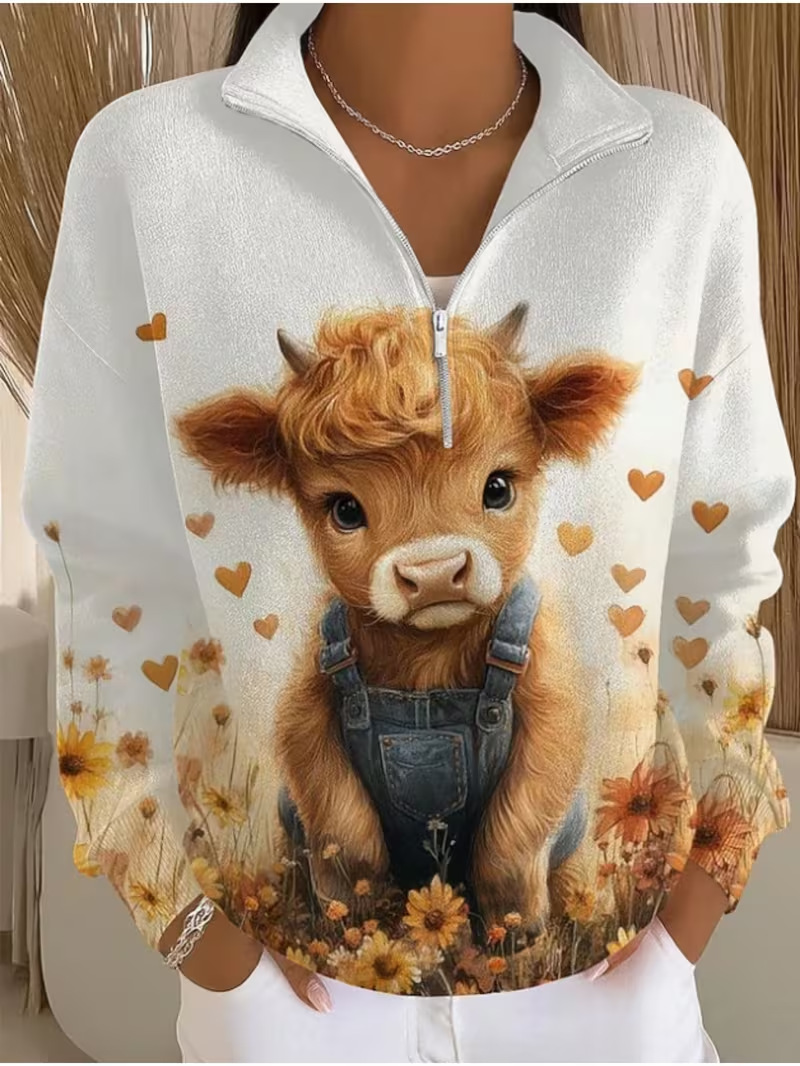 Cute Animal Print Half-Zip Hoodie for Women