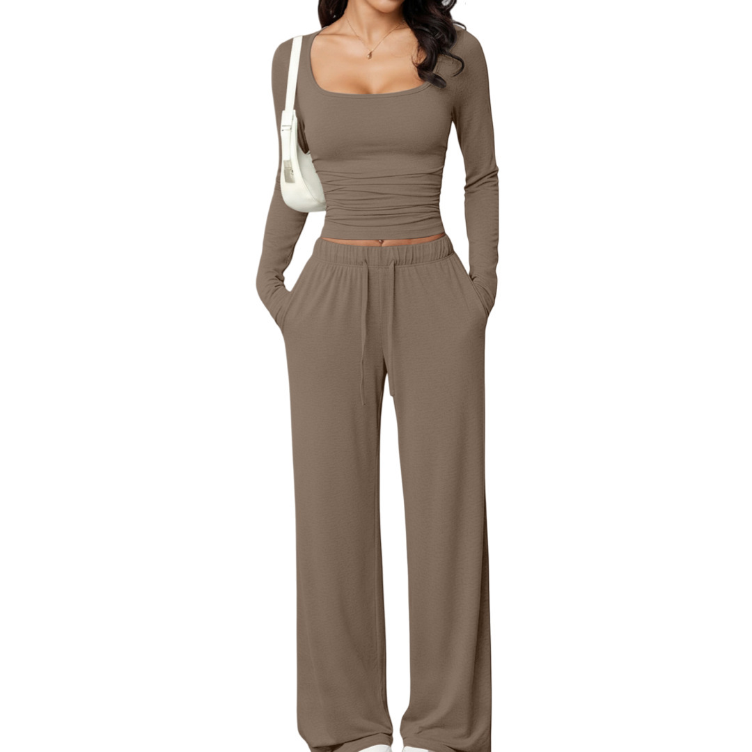 Women's Long Sleeve Drawstring Top & Wide-Leg Pants Two-Piece Set