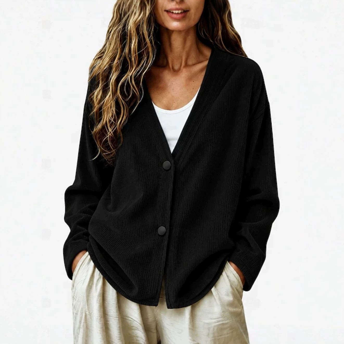 Women's Corduroy V-Neck Button-Front Long-Sleeve Cardigan