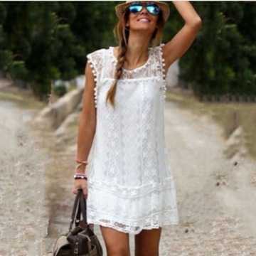 White Lace Sleeveless Dress with Pom-Pom Trim and Lining