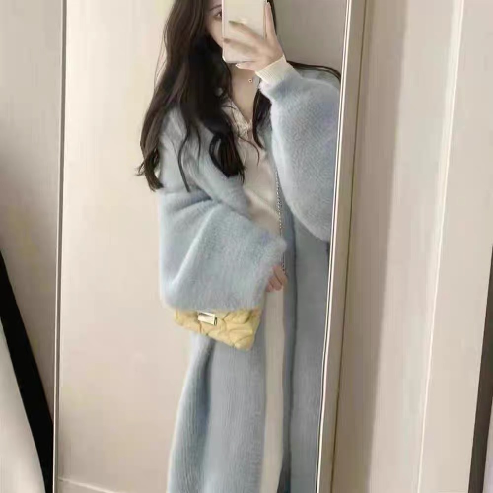 Women's Long Over-Knee Cardigan Sweater Loose Faux Mink Coat