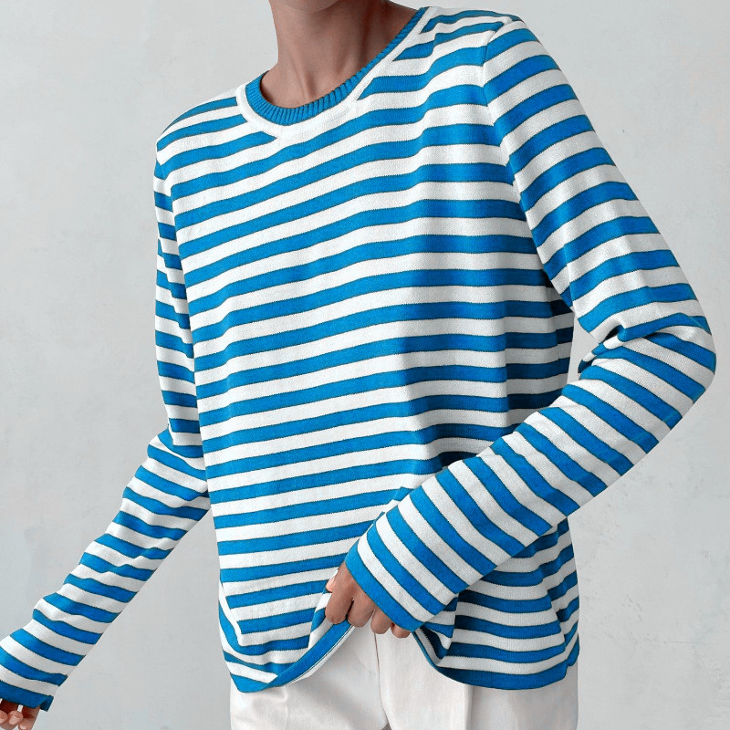 Women's Striped Crewneck Knit Sweater Retro Pullover