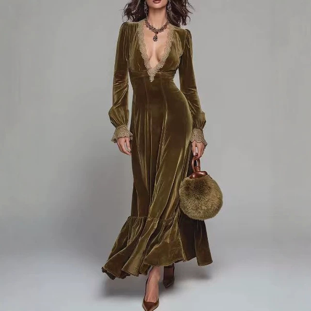 French Vintage V-Neck Fitted Long Sleeve Midi Dress