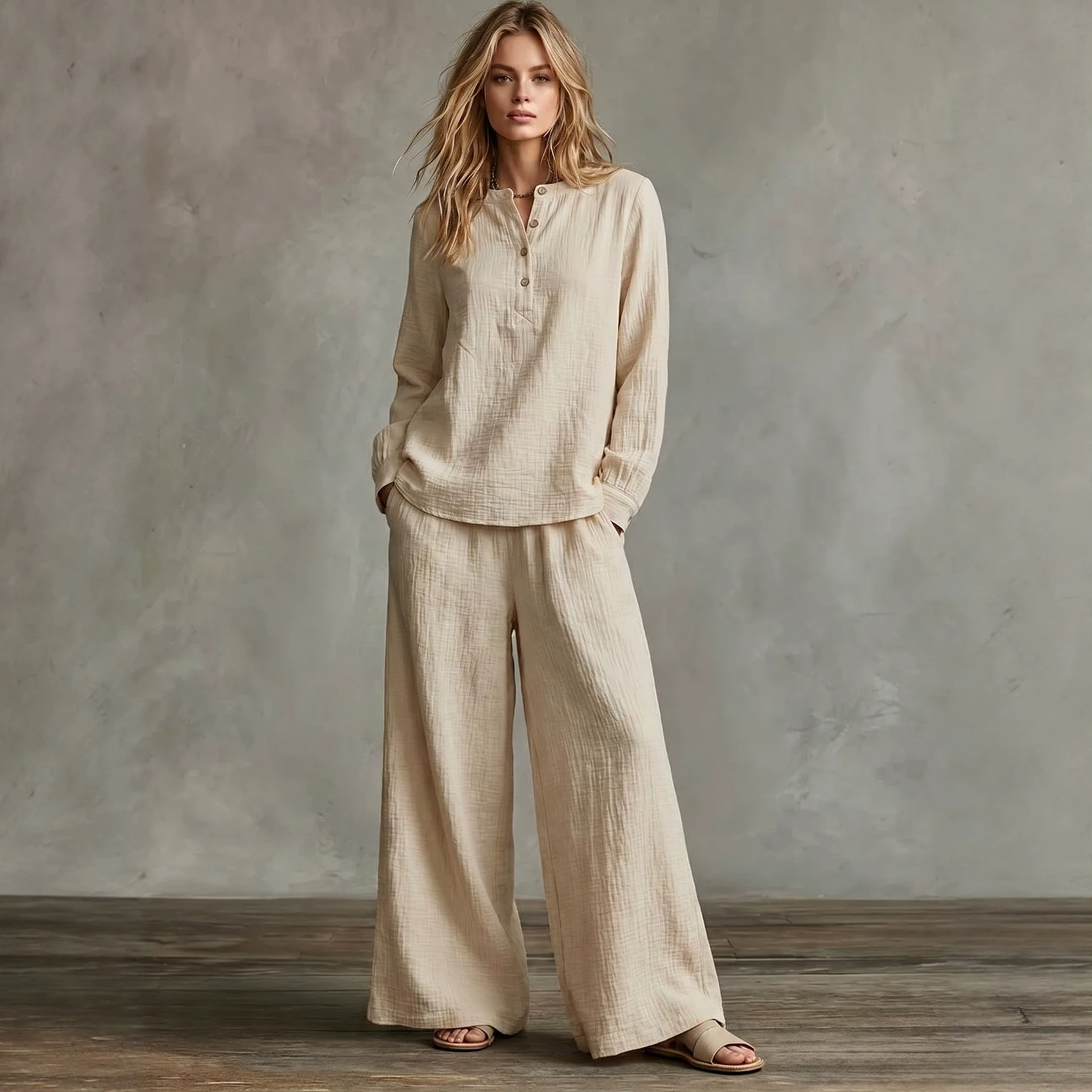 Women's Casual Two-Piece Set: Round Neck Long Sleeve Shirt & High Waist Pleated Straight Pants