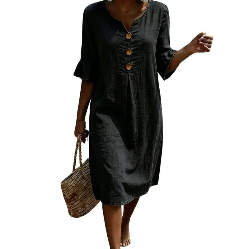 Women's Floral Print Three-Button Midi Dress