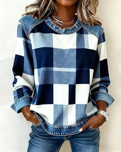 Women's Plaid Color-Block Print Casual Hoodie
