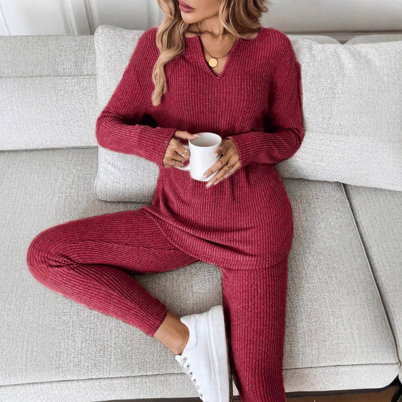 Women's V-Neck Lounge Set Long Sleeve Solid Color Two-Piece