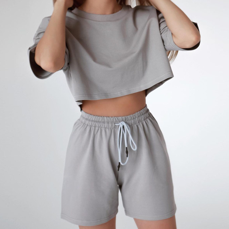 Women's Solid Color Cropped Short Sleeve Drawstring Shorts Set Casual Loose Fit