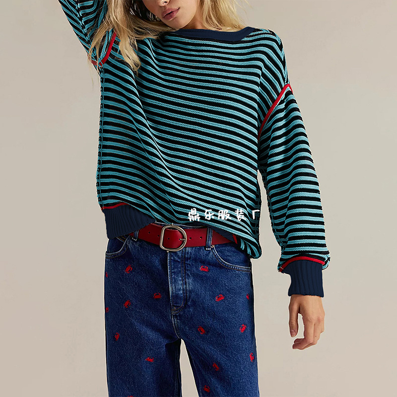 Striped Knit Crewneck Pullover Loose Sweater