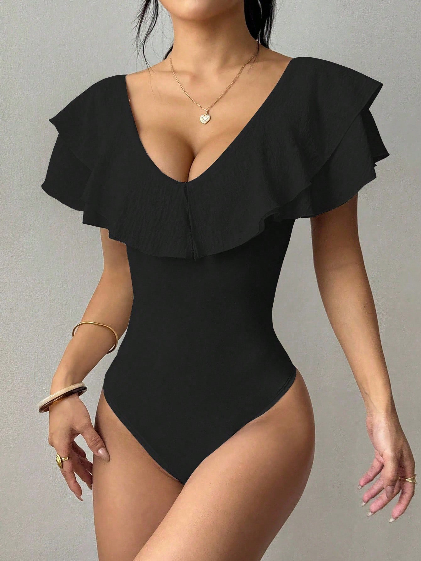 Sexy Deep V Ruffle Off-Shoulder Slimming Bodysuit