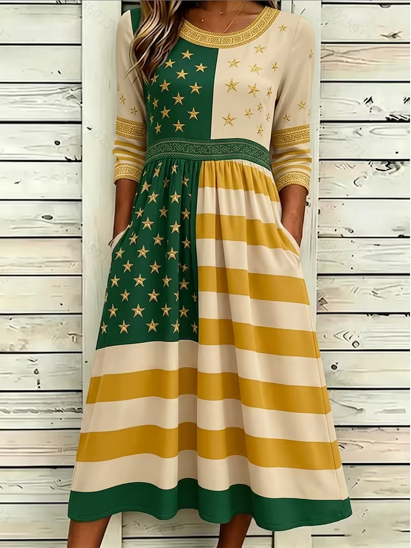 Women's Colorblock Plaid Star Print Ruched Midi Dress