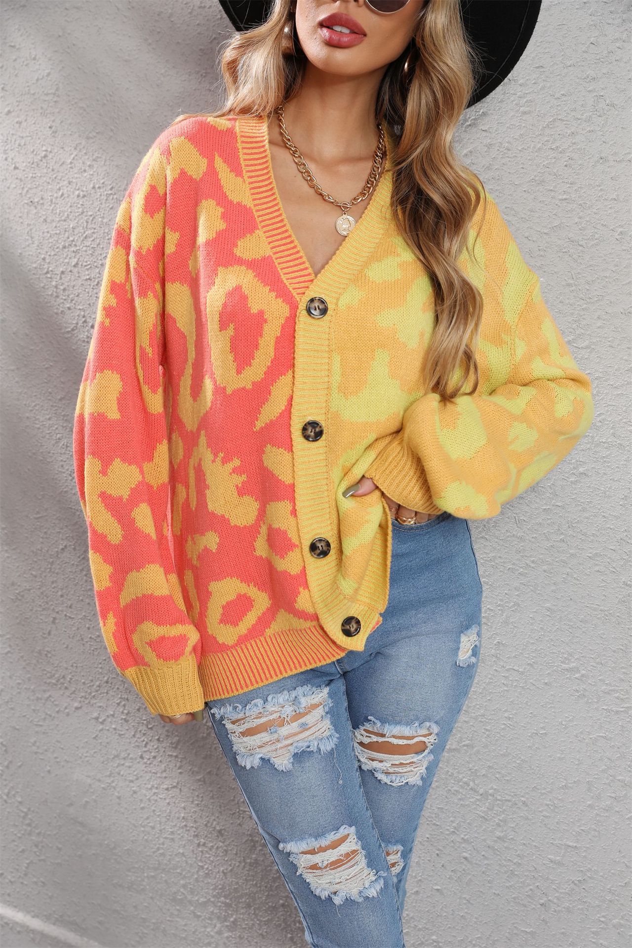 Leopard Print Patchwork Plus Size Button Cardigan Knit Sweater